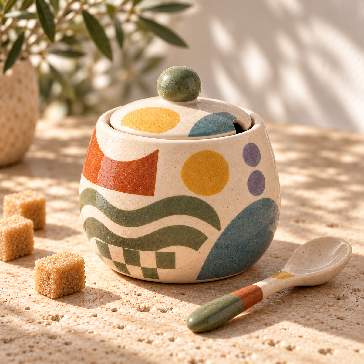 Pasjig® Earthen Geo Vintage Ceramic Sugar Jar